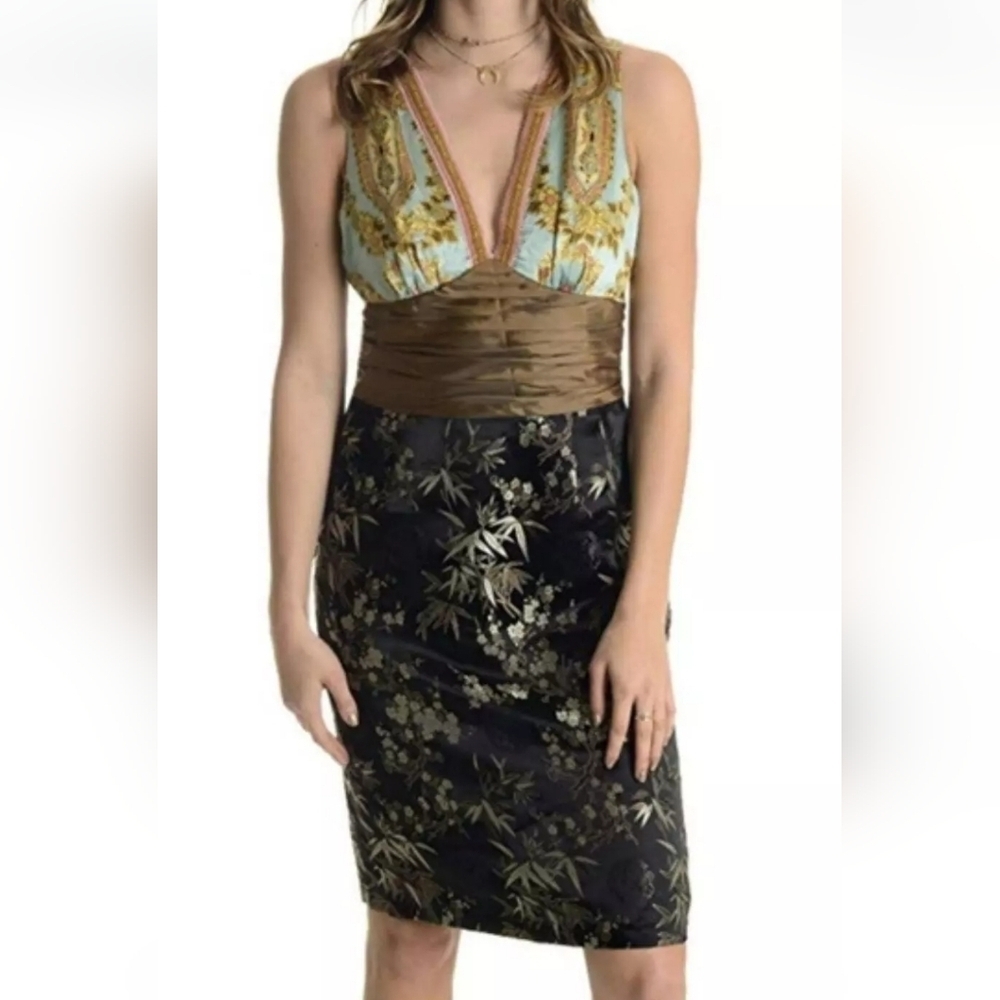 Phoebe Couture Turquoise, Gold and Black Floral Halter Dress